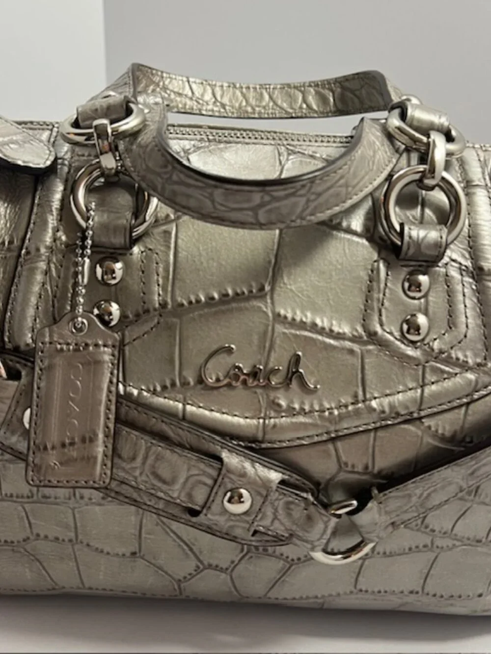 COACH ASHLEY CROC EMBOSSED LEATHER SATCHEL #20346 SILVER
